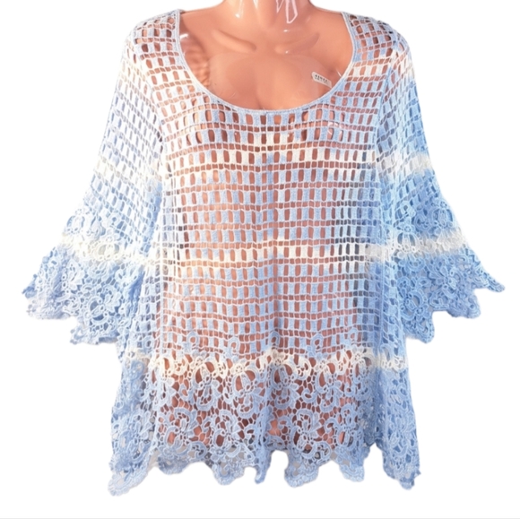 Step In Style One Size Women's Crochet Baby Blue Blouse 100% Cotton - Picture 7 of 14